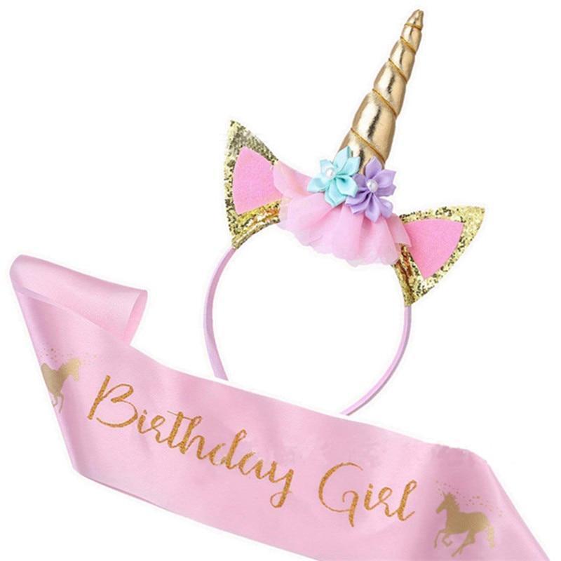 Tech Gimmicks party Unicorn Headband with Sash Satin Silk Sash Girl 1st One Year Birthday Party Decoration Unicorn Party Baby Shower Birthday Girl