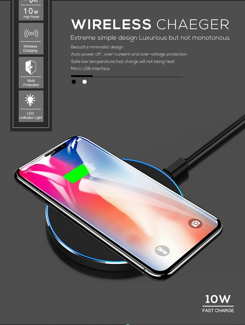 10W Fast Wireless Charger For Compatible Samsung & Apple iPhones